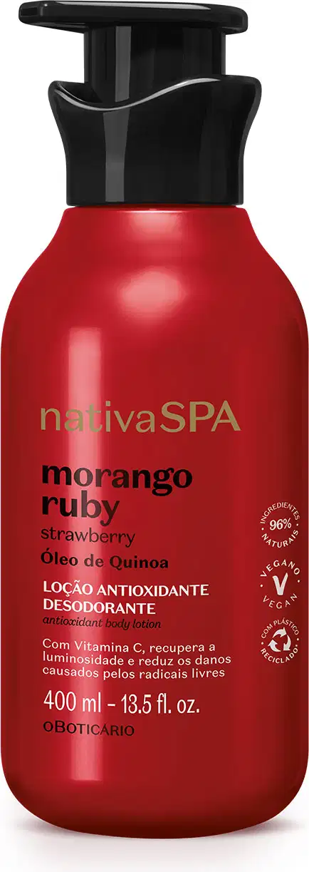Frasco vermelho com bomba dosadora preta e letras douradas, brancas e pretas, contendo 400ml de loção antioxidante corporal Nativa SPA Morango Ruby.