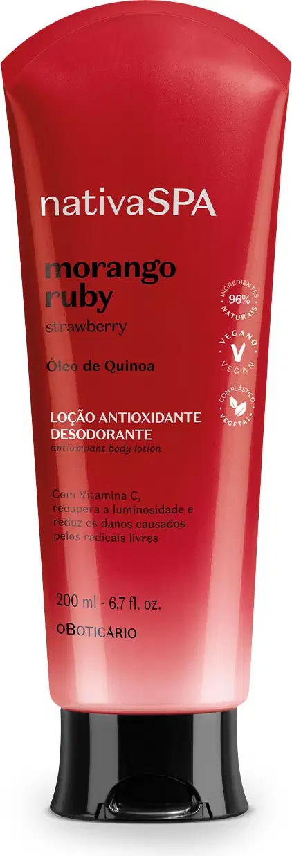 Loção antioxidante desodorante da linha Nativa SPA, fragrância Morango Ruby com extrato de morango e quinoa. Embalagem plástica vermelha em formato cilíndrico. Rótulo frontal com o nome do produto, fragrância e descrição em português.