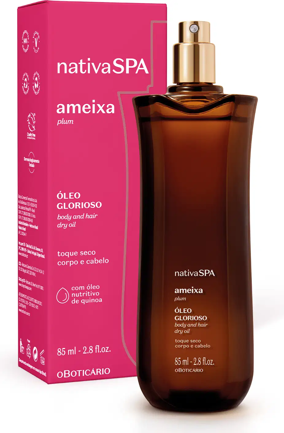 Frasco alongado na cor vinho escuro com borrifador dourado e letras brancas de óleo multifuncional glorioso corpo e cabelos Nativa SPA Ameixa Plum ao lado de sua caixa rosa com letras brancas.
