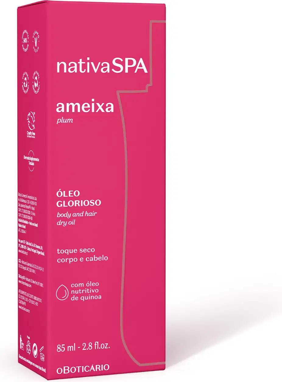 Caixa rosa com letras brancas contendo um frasco de óleo multifuncional glorioso corpo e cabelos Nativa SPA Ameixa Plum