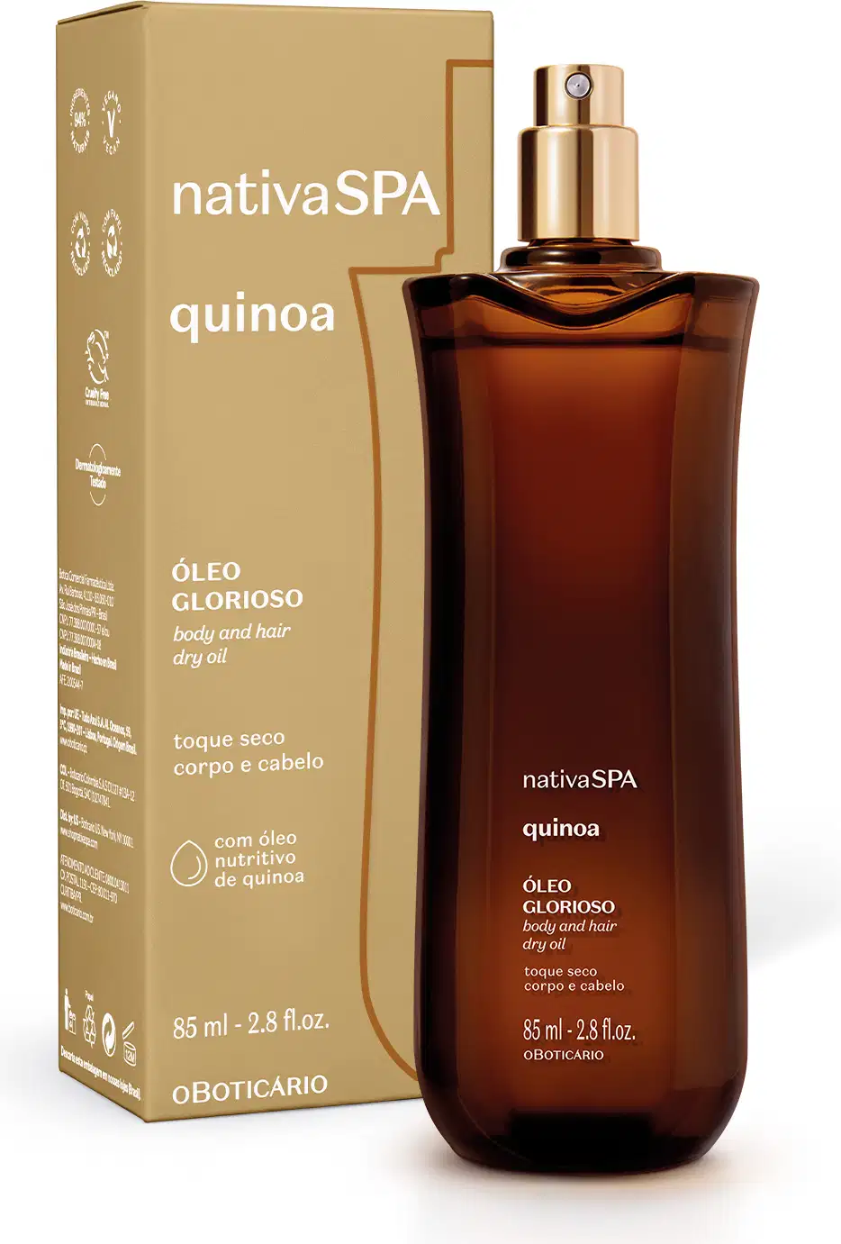 Vidro alongado marrom com pulverizador dourado e letras brancas contendo óleo multifuncional glorioso corpo e cabelos da marca Nativa SPA Quinoa ao lado de sua caixa em bege escuro com letras brancas.