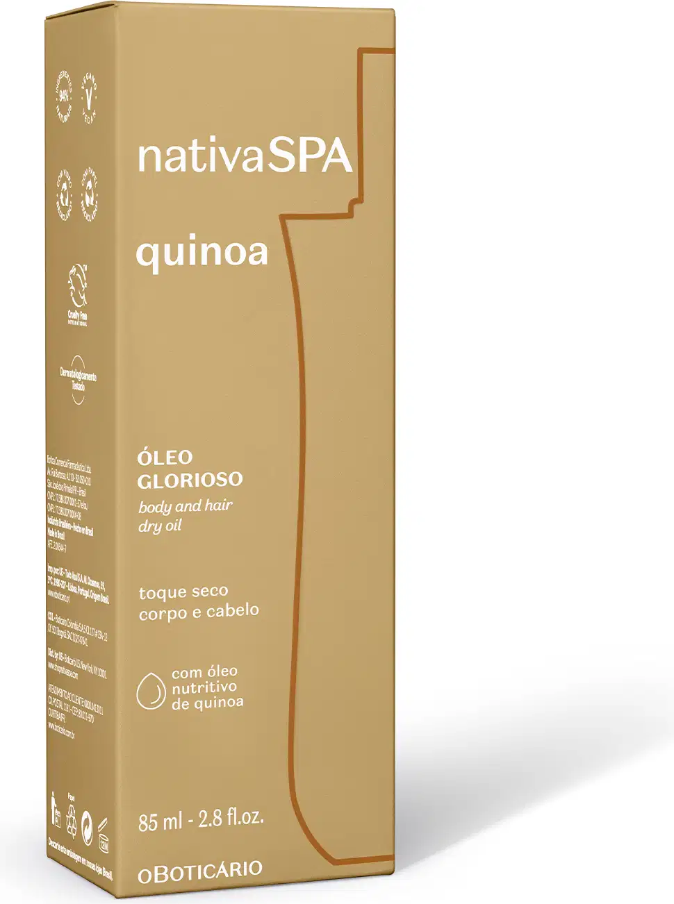 Caixa bege escura com letras brancas contendo um frasco de óleo multifuncional glorioso corpo e cabelos da marca Nativa SPA Quinoa