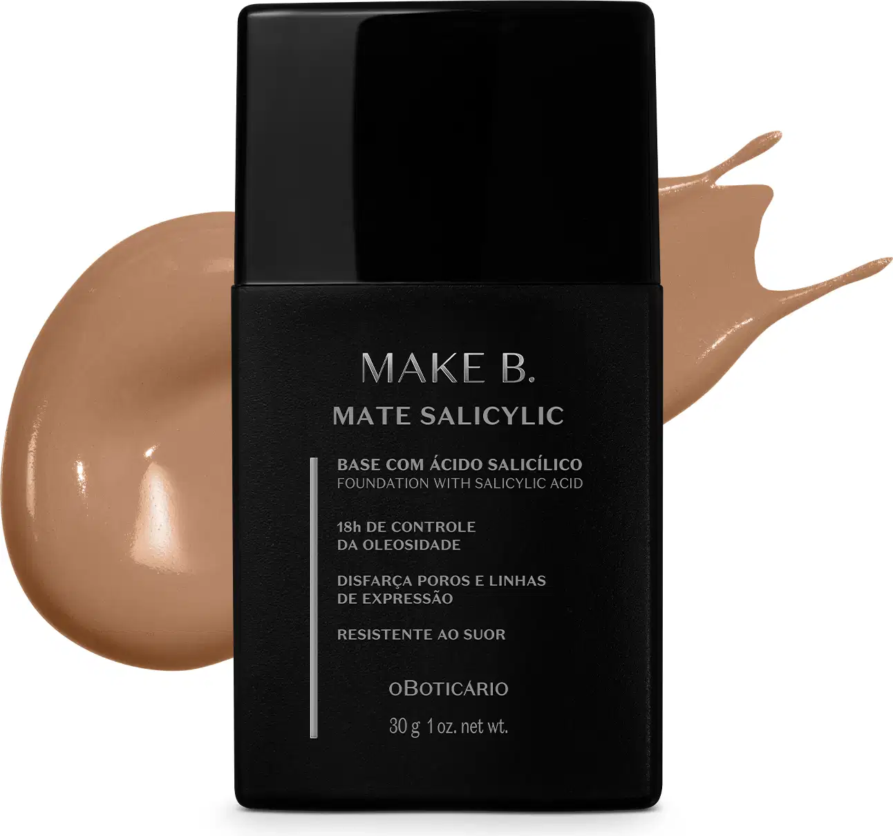 Frasco de base líquida na cor 190 da marca Make B. Mate Salicylic em embalagem preta com rótulo cinza, à frente de amostra de produto bege escuro.