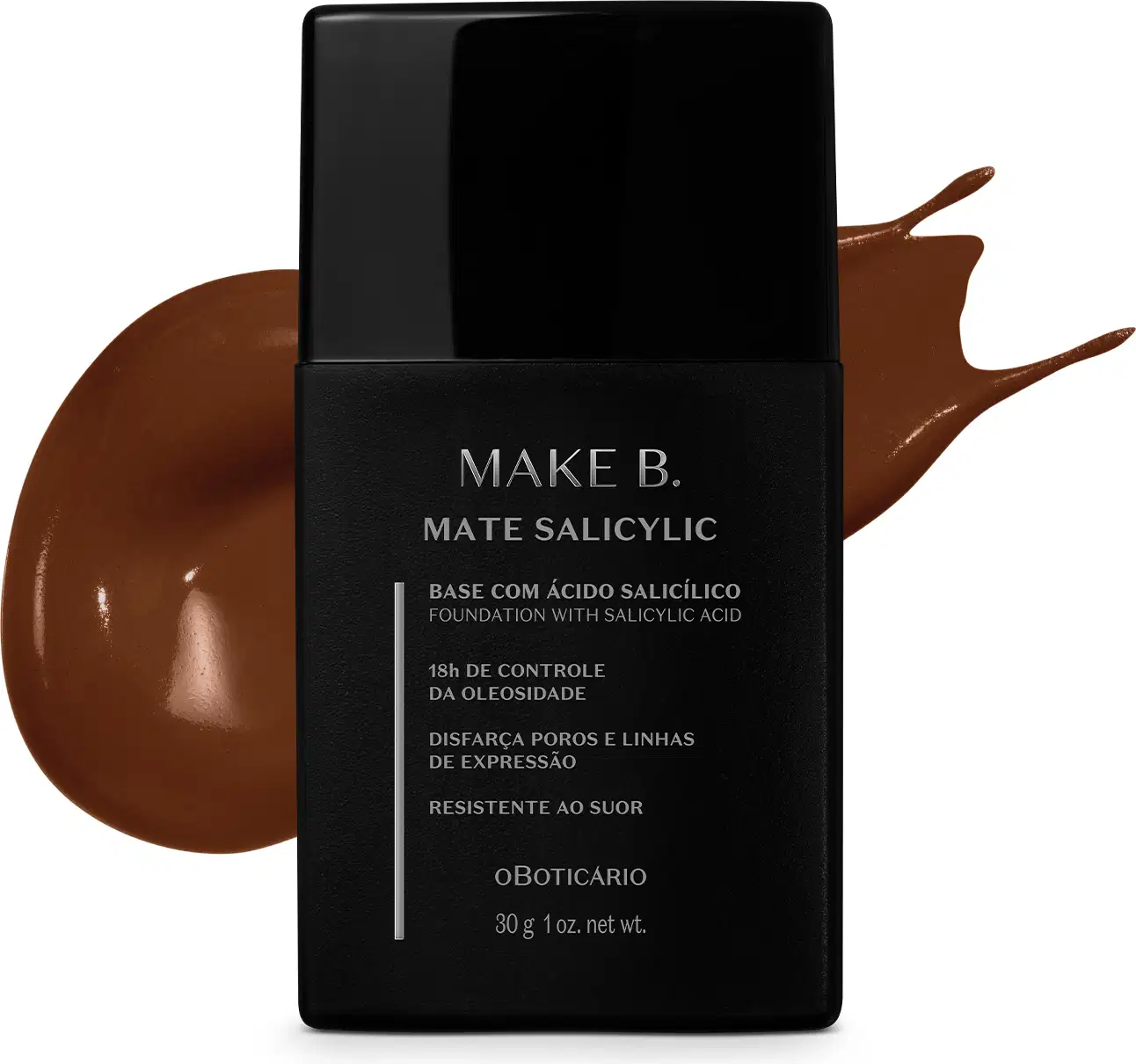 Frasco de base líquida na cor 320 da marca Make B. Mate Salicylic em embalagem preta com rótulo cinza, à frente de amostra de produto marrom escuro.