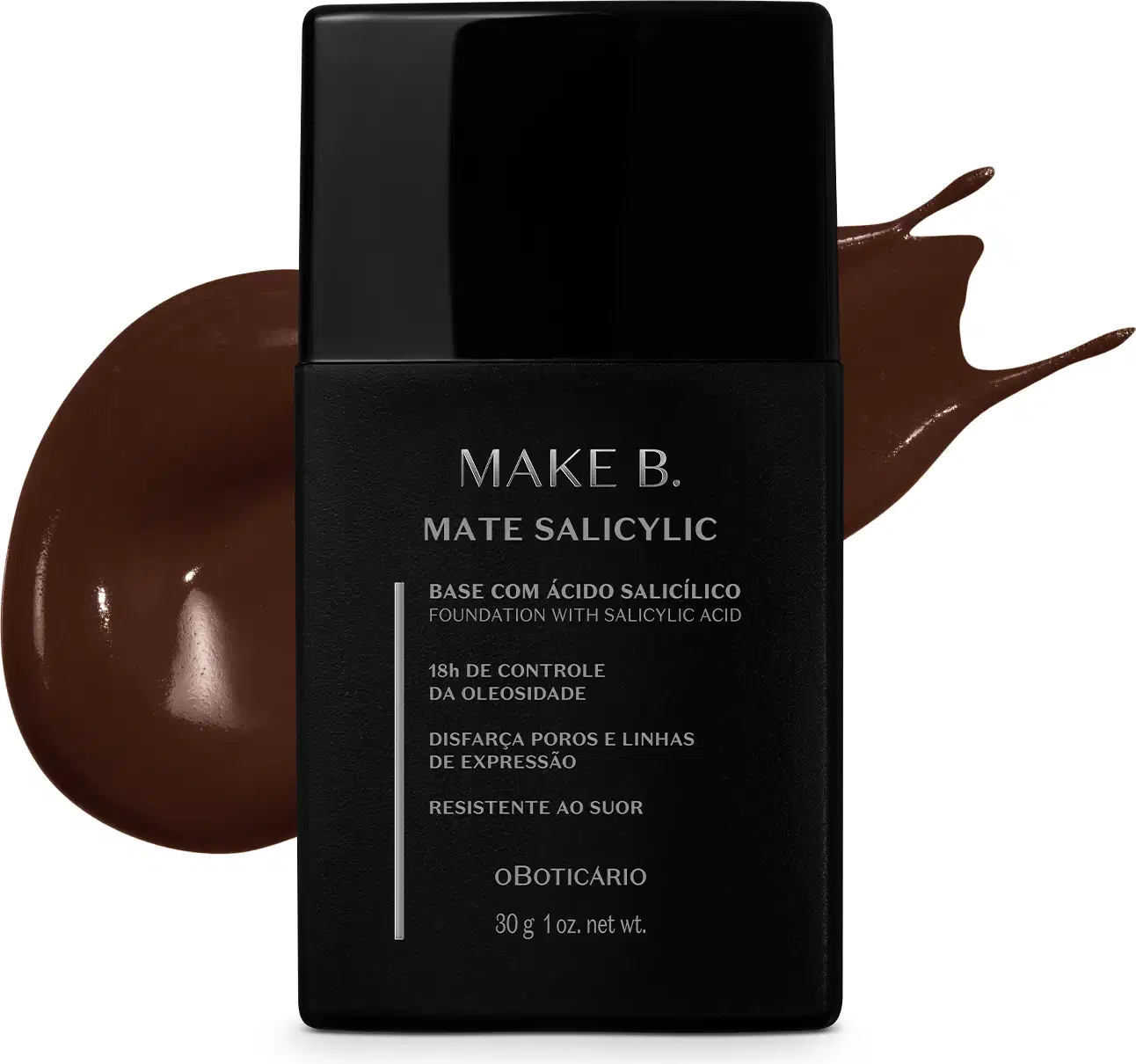 Frasco de base líquida na cor 330 da marca Make B. Mate Salicylic em embalagem preta com rótulo cinza, à frente de amostra de produto marrom escuro.