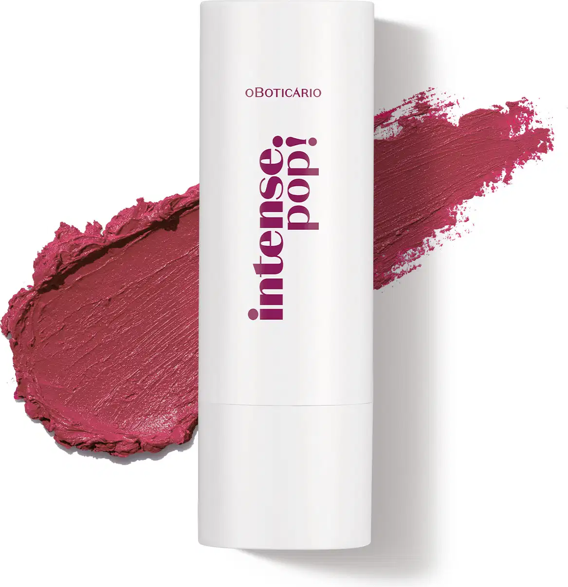 Batom de acabamento cremoso em embalagem branca com letras marrons, da marca Intense Pop! Atrás do produto, um rastro na cor rosa intenso mostrando a textura e a intensidade do item.
