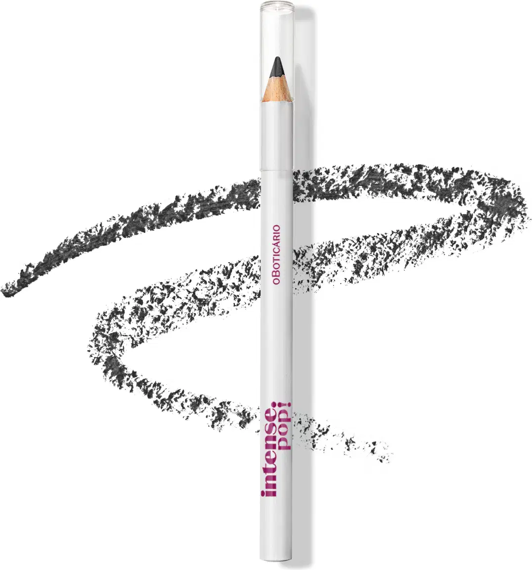 Lápis para olhos na cor preta com corpo branco, letras marrons e tampa transparente da marca Intense Pop! Atrás do lápis, um rastro preto mostrando a intensidade do produto.