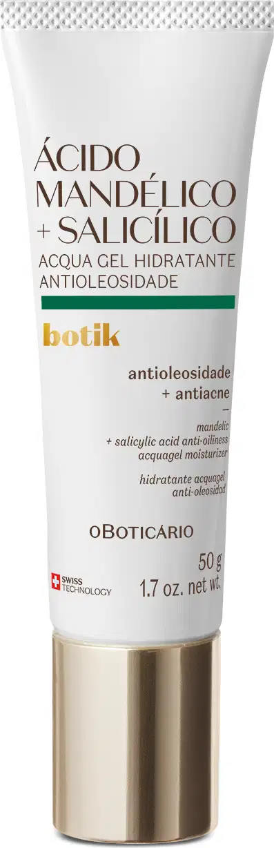 Tubo de gel hidratante antioleoside da marca Botik, com ácido mandélico e salicílico. Embalagem branca com detalhes em verde e dourado, contendo 50g do produto.