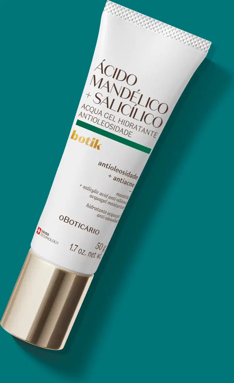 Produto de beleza da marca Botik, com embalagem branca e dourada, em um ambiente de fundo verde escuro, sugerindo um contexto de cuidados com a pele e hidratação.