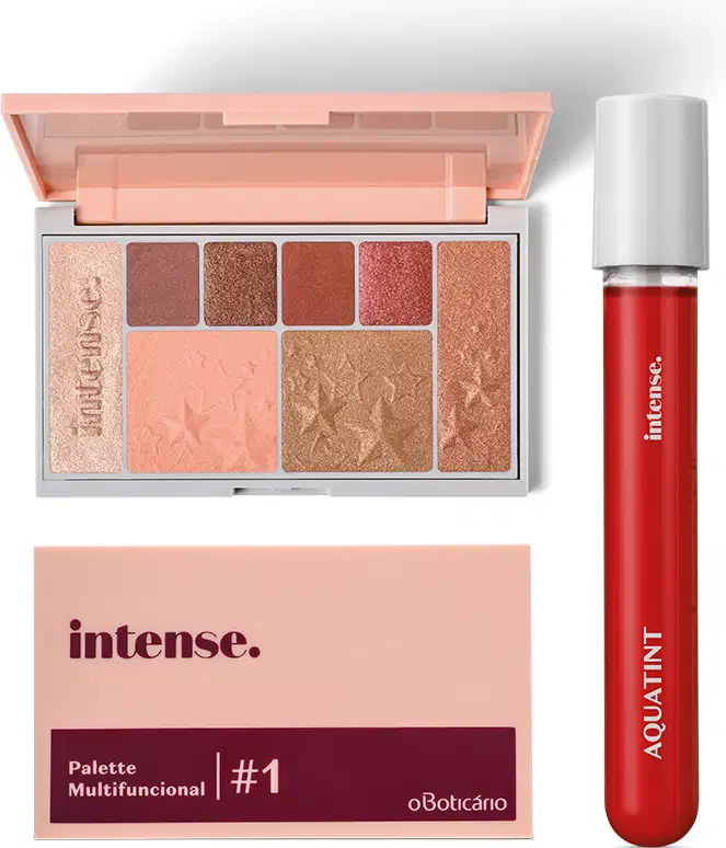 Paleta Multifuncional #1 Rose Intense com tons nude, rosa e marrom em embalagem rosa com tampa de espelho aberta e caixa fechada do produto em rosa e marrom,  acompanhada de batom líquido Aquatint coral com frasco cilíndrico e tampa cinza.