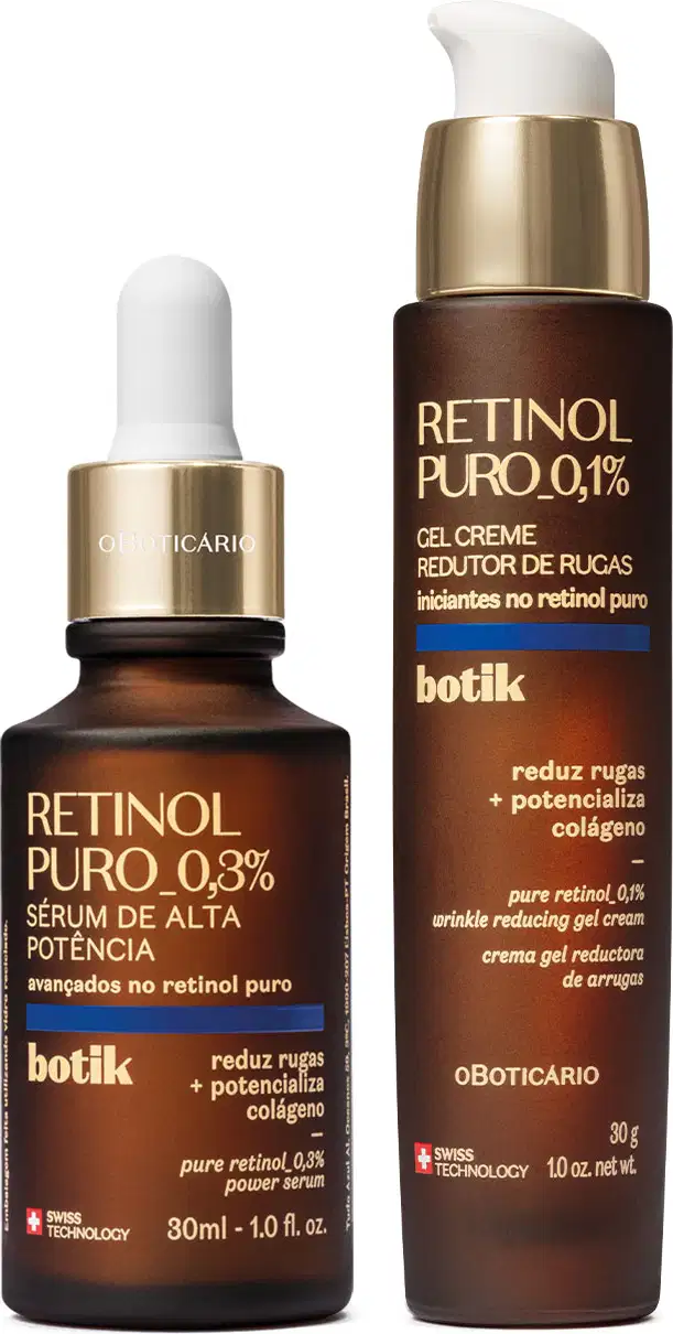 Dois itens Botik Retinol Puro em tons de marrom, dourado, branco, bege e azul, sendo um frasco de gel creme redutor de rugas e um frasco com conta-gotas de sérum facial.