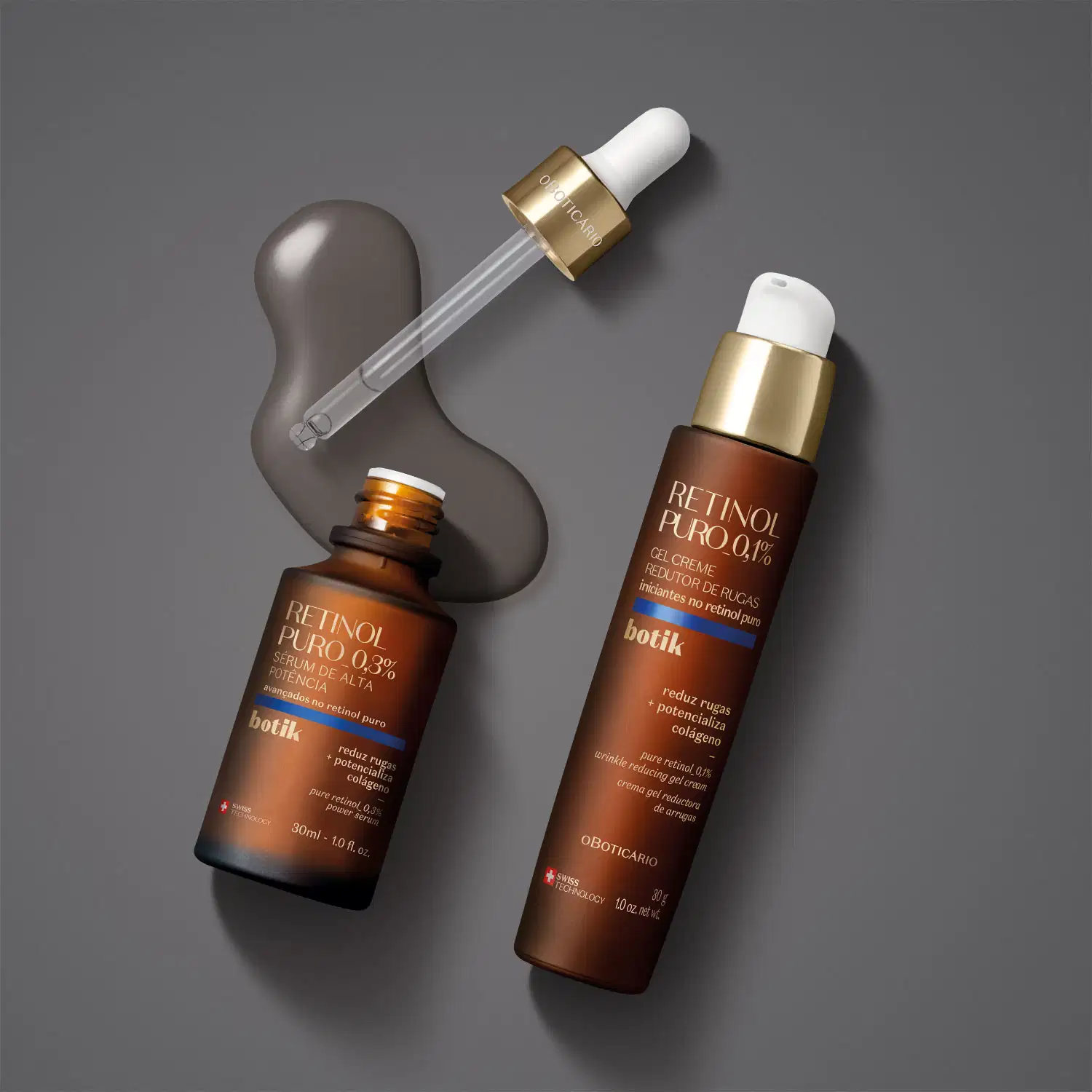 Dois itens Botik Retinol Puro em tons de marrom, dourado, branco, bege e azul, sendo um frasco de gel creme redutor de rugas e um frasco com conta-gotas de sérum facial sobre fundo cinza com líquido na superfície.