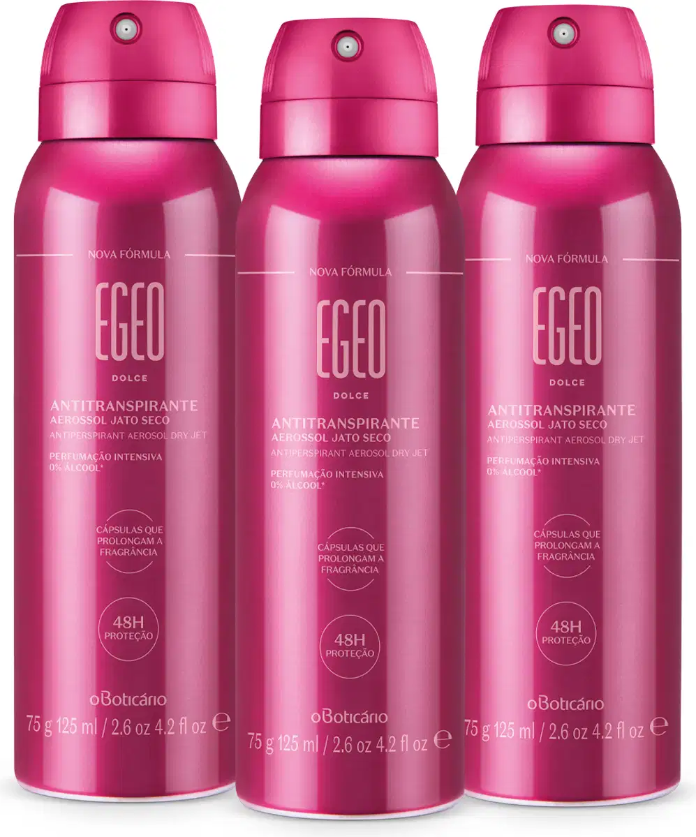 Três frascos rosa vibrante com letras em rosa claro contendo 125ml de desodorante antitranspirante aerossol Egeo Dolce.
