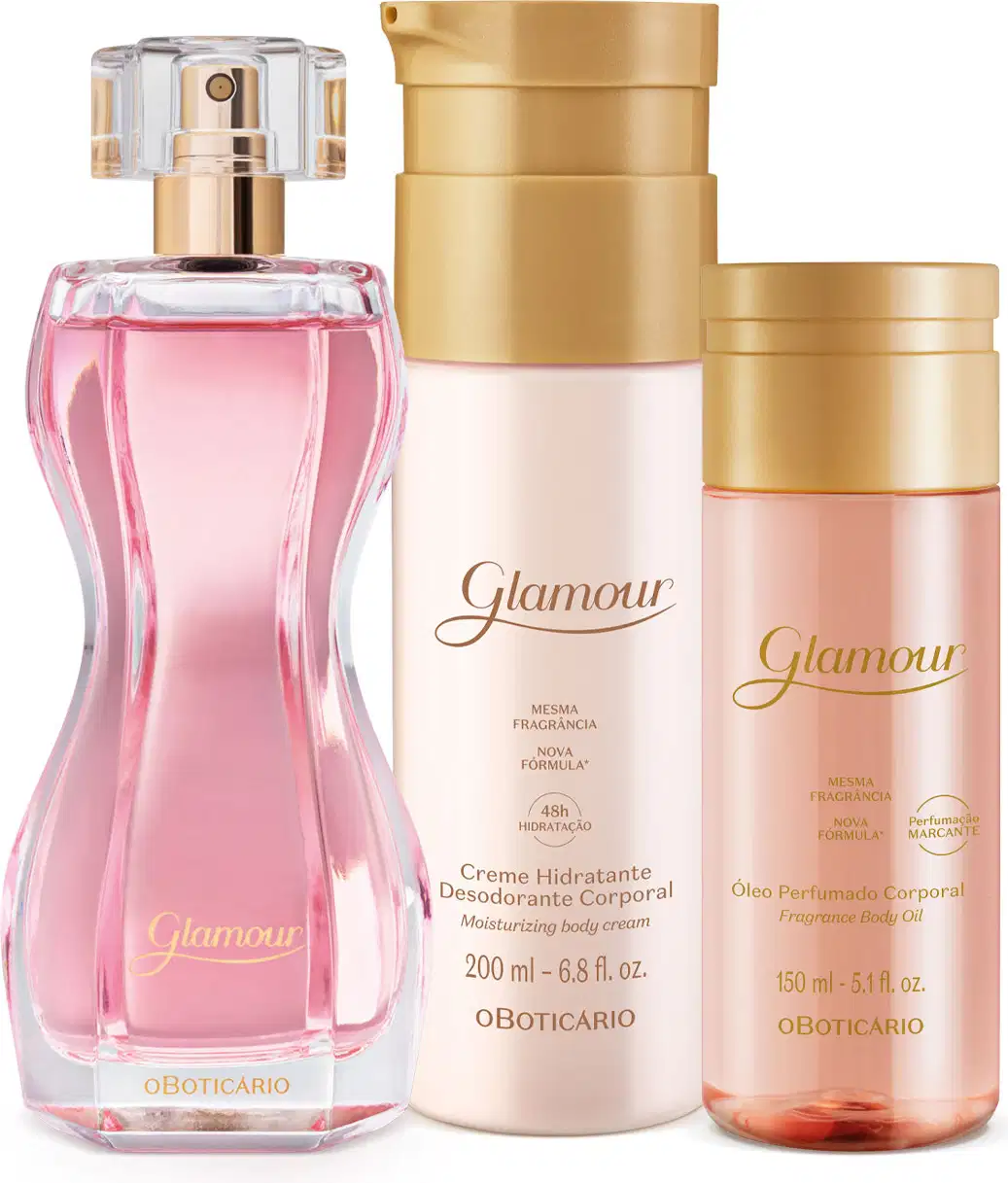 Três itens Glamour: vidro curvilíneo com líquido rosa de desodorante colônia, frasco branco e dourado de creme hidratante corporal e frasco dourado transparente com líquido rosa e tampa transparente de óleo perfumado corporal.