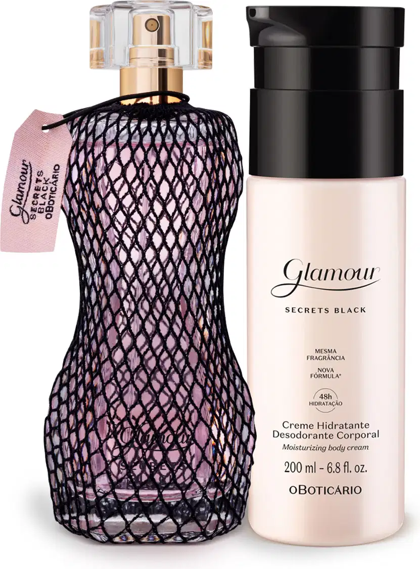 Dois itens Glamour Secrets Black, sendo um vidro curvilíneo com renda preta e borrifador dourado de desodorante colônia e um frasco branco com tampa e letras pretas de creme hidratante corporal.