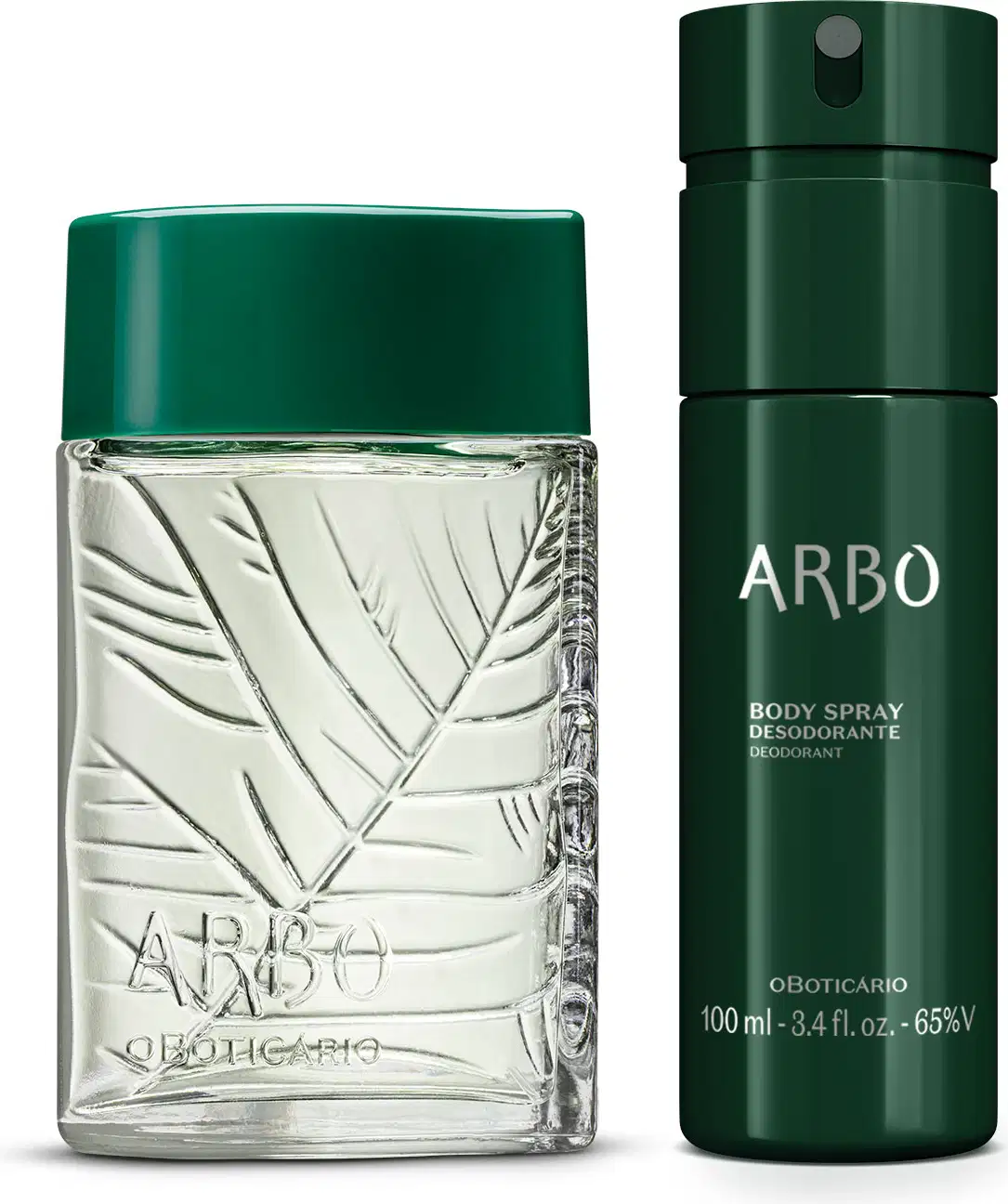 Dois itens da marca Arbo sendo um vidro transparente com folhas em relevo, liquido esverdeado e tampa verde de desodorante colônia e frasco verde descuro com letras pratas de body spray.