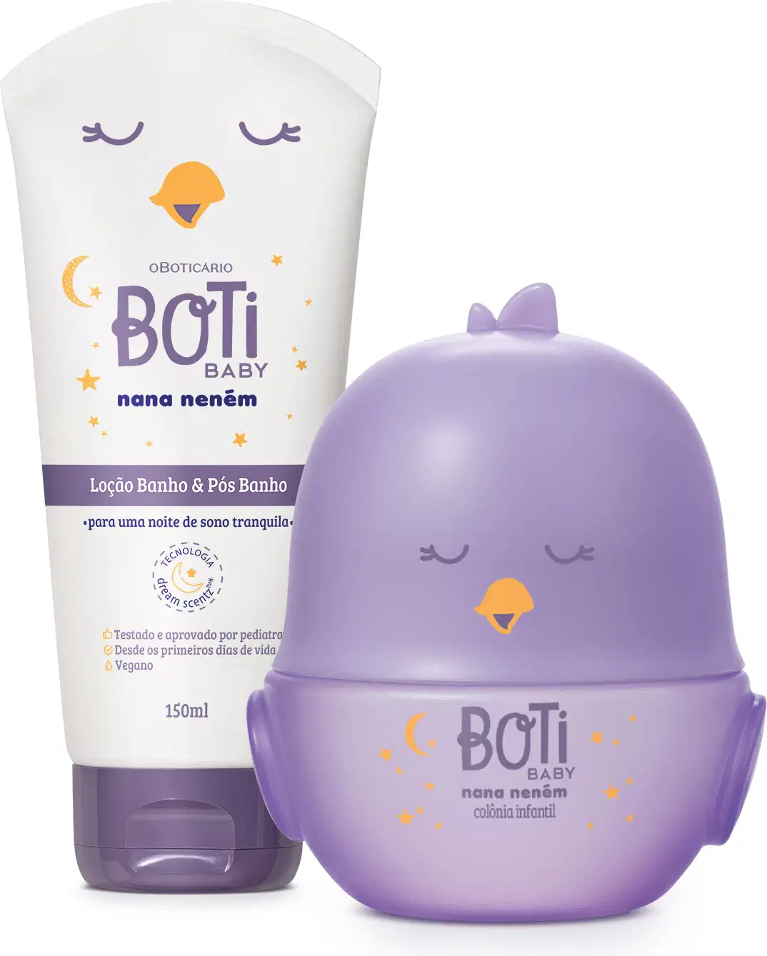 Dois itens Boti Baby Nana Neném: frasco branco com tampa, detalhes e letras roxas de creme hidratante corporal e um frasco em formato de passarinho em tons de roxo e lilás com detalhe laranja de desodorante colônia.