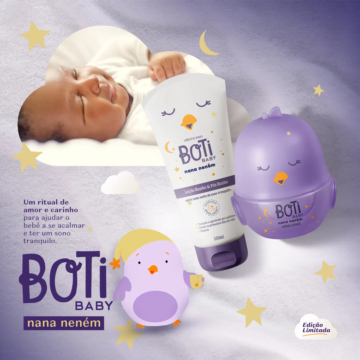 Linha Boti Baby nana neném com tubo branco, frasco roxo e bonecos roxos em cenário noturno com estrelas amarelas, lua e bebê dormindo em fundo lilás.