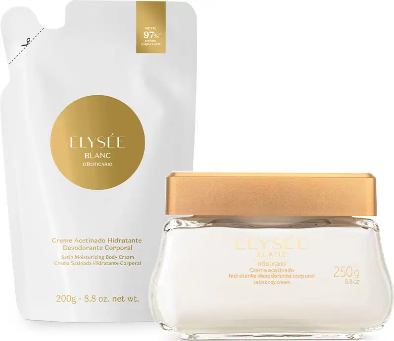 Pote de vidro transparente com creme branco, tampa e letras douradas, contendo creme hidratante desodorante corporal acetinado da mara Elysée e refil do mesmo produto em sachê branco e dourado.