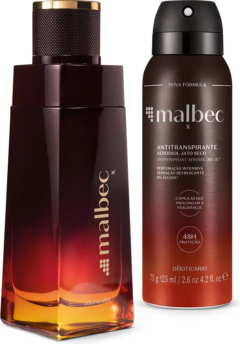 Dois itens da marca Malbec X, em tons de preto e laranja, sendo um frasco em formato geométrico de desodorante colônia e um frasco cilíndrico de desodorante antitranspirante.