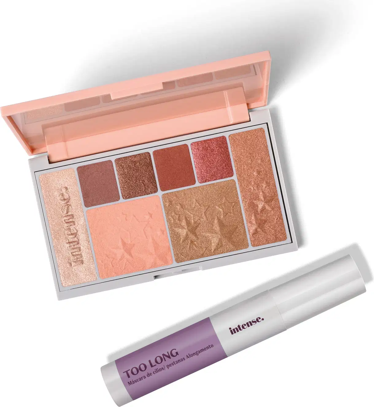 Paleta de maquiagem multifuncional 1# Rose em estojo rosa com espelho e oito cores rosadas acompanhado de uma máscara de cílios preta Too Long em tubo branco e cinza, ambos da marca Intense.