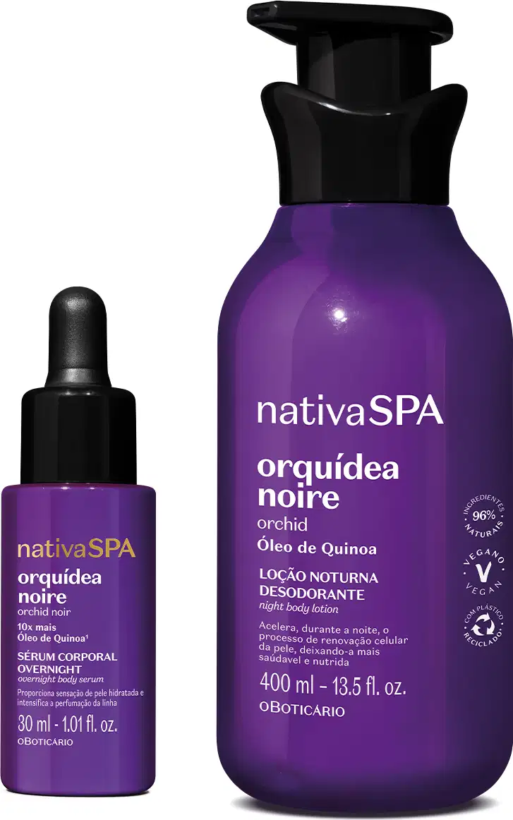 Dois itens da marca Nativa SPA Orquídea Noire em roxo, preto e branco, sendo um frasco com conta-gotas de sérum corporal e um frasco com bomba dosadora de loção hidratante corporal.