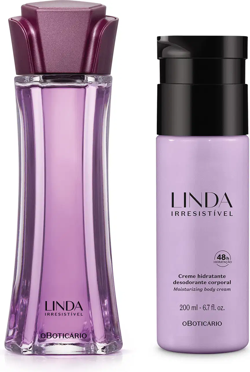 Dois itens da marca Linda Irresistível, sendo um vidro longo com liquido lilás e tampa roxa em formato de flor contendo 100ml de desodorante colônia e um frasco lilás com tampa preta e letras roxas contendo 200ml de loção hidratante corporal.