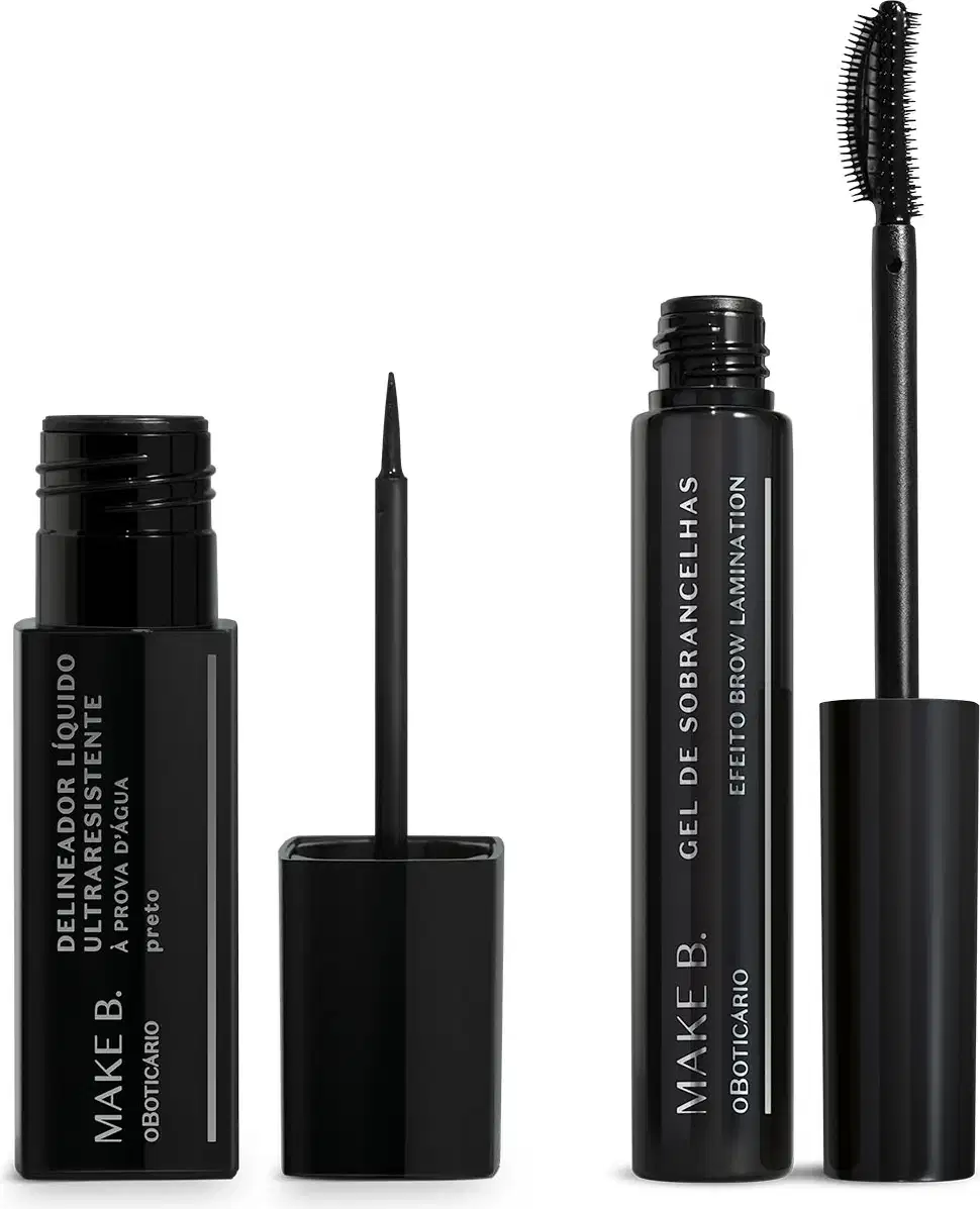 Dois itens de maquiagem da marca Make B., sendo um frasco preto de delineador líquido com tampa, haste e aplicador fino e um tubo preto de máscara de sobrancelhas para Brow Lamination com tampa, haste e escova aplicadora