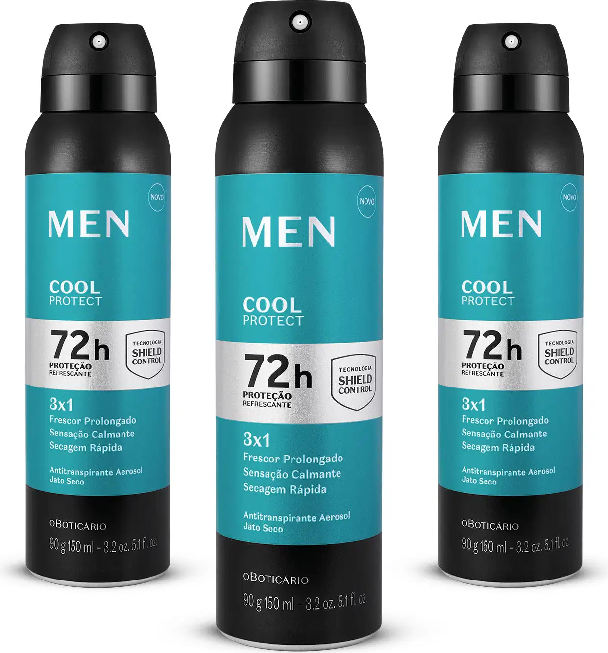 Três frascos pretos com rótulo azul, prata e preto, contendo, em cada um, 90g/150ml de desodorante aerossol da marca Men Cool Protect.