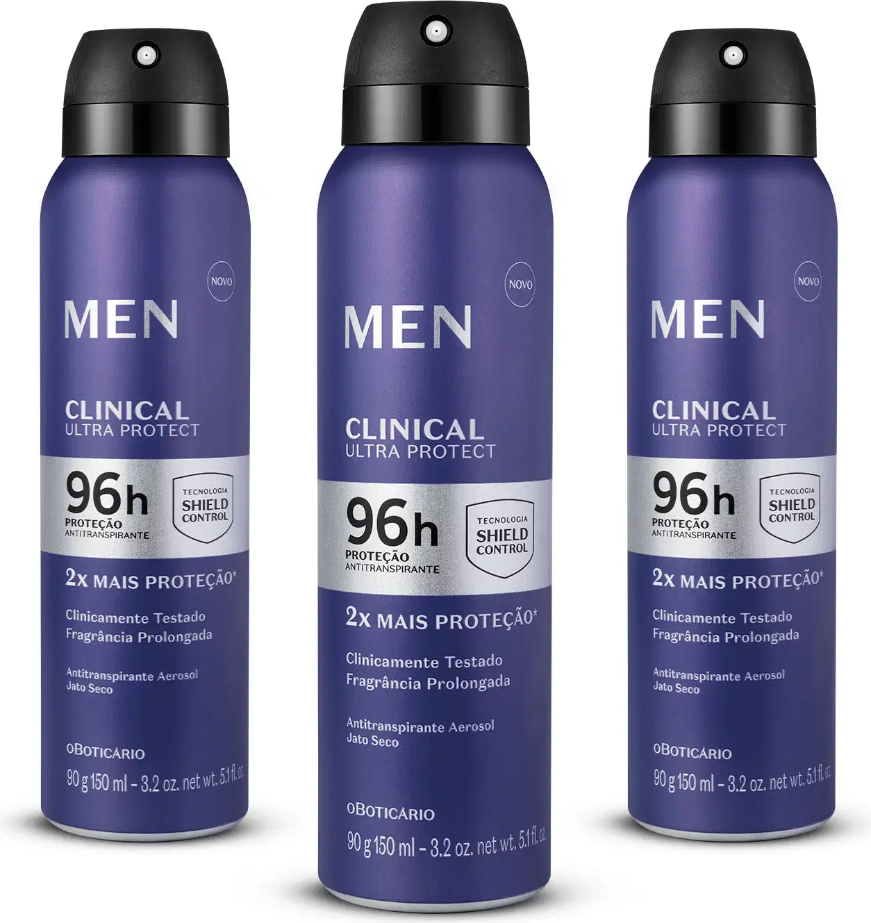 Três frascos azul marinho com tampas spray pretas, detalhes prateados e letras pratas e pretas de desodorante aerossol Men Clinical Ultra Protect.