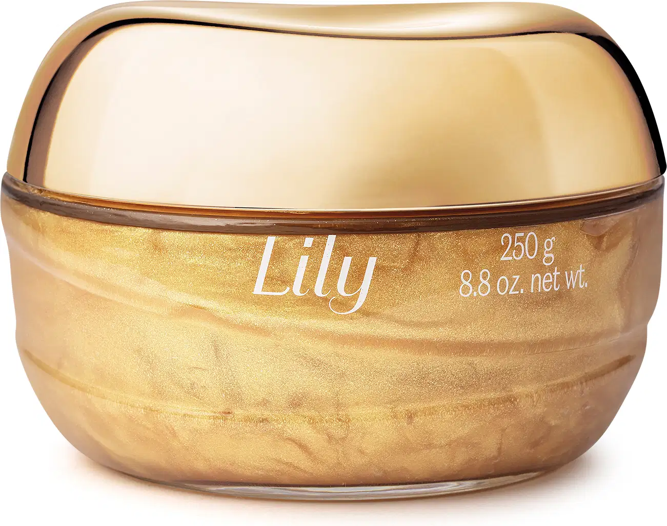 Pote de vidro transparente com creme dourado, tampa dourada e letras bege contendo 250g de geleia iluminadora corporal da marca Lily Glow.