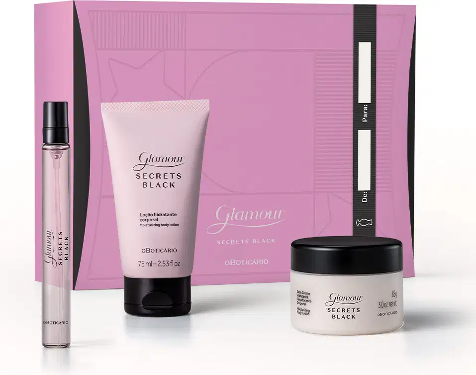 Quatro itens Glamour Secret Black nas cores roxa, lilás e preta, sendo uma caixa de presente, um frasco de 75ml de loção hidratante corporal, um pote de 65g de creme hidratante corporal e um vidro de 10 ml de desodorante colônia.