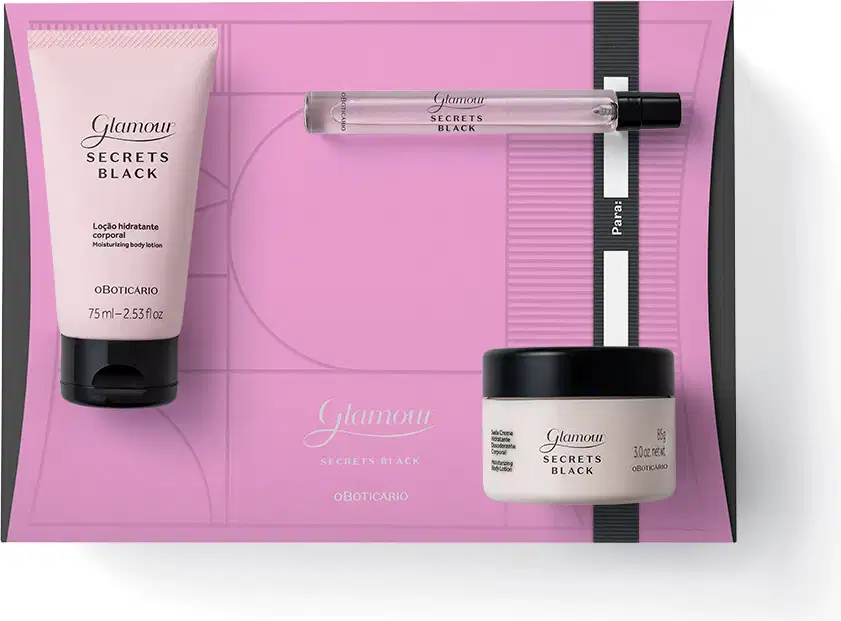 Quatro itens Glamour Secret Black nas cores roxa, lilás e preta, sendo uma caixa de presente, um frasco de 75ml de loção hidratante corporal, um pote de 65g de creme hidratante corporal e um vidro de 10 ml de desodorante colônia.