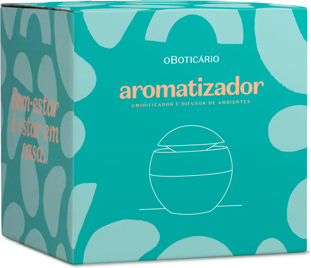 Caixa de aromatizador elétrico de ambientes em tons de verde e azul com design geométrico, ilustração de difusor esférico no centro.
