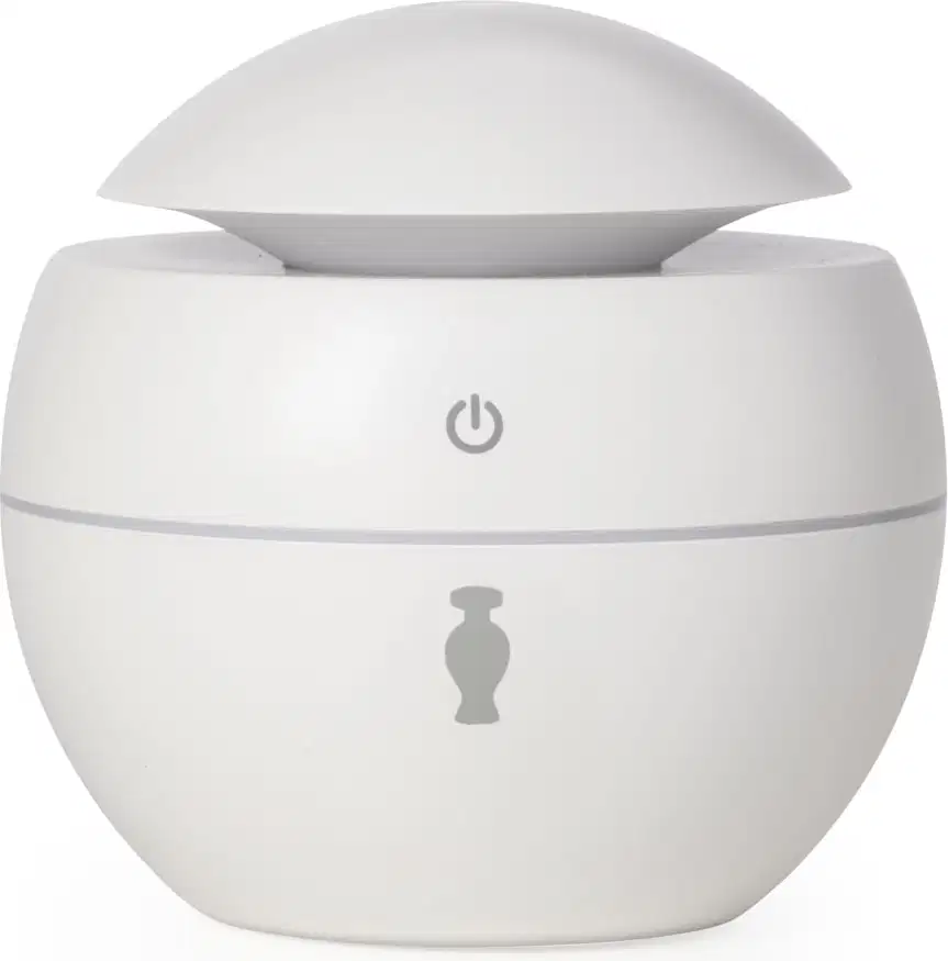 Aromatizador elétrico de ambientes branco com tampa em formato de cúpula, botão power cinza no topo e ícone da marca O Boticário no corpo do pote.