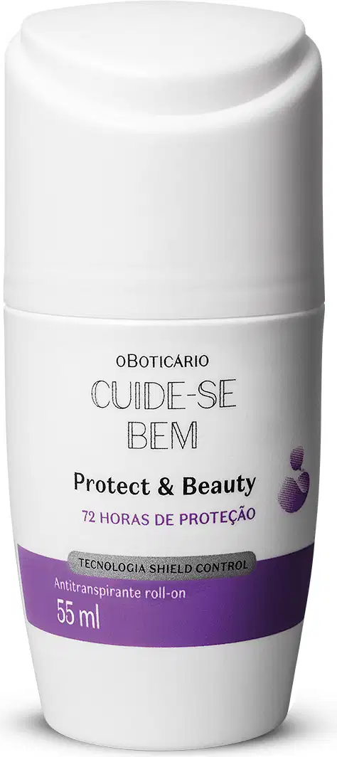 Frasco branco com detalhe roxo e letras pretas contendo 55ml de desodorante antitranspirante roll-on da marca Cuide-se Bem Protect and Care.