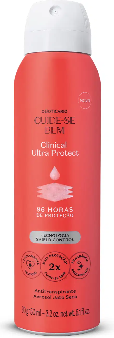 Frasco laranja com tampa spray branca, detalhe azul e letras pretas e brancas contendo 90g/150ml de desodorante antitranspirante aerossol da marca Cuide-se Bem Clinical Protect.