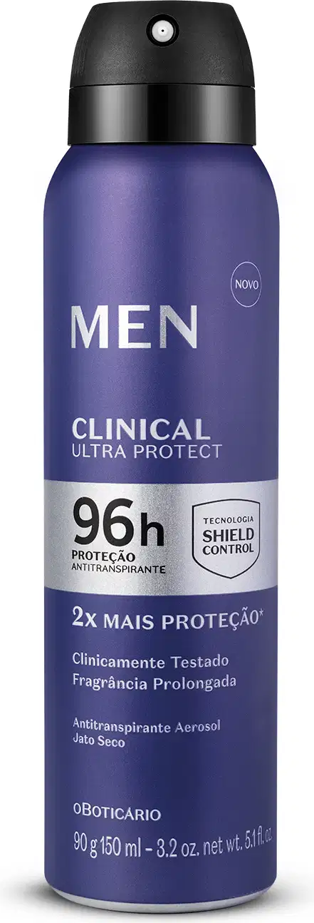 Tubo preto com rótulo azul marinho, prata e branco contendo 90g/150ml de desodorante antitranspirante aerossol da marca Men  Clinical Ultra Protect.