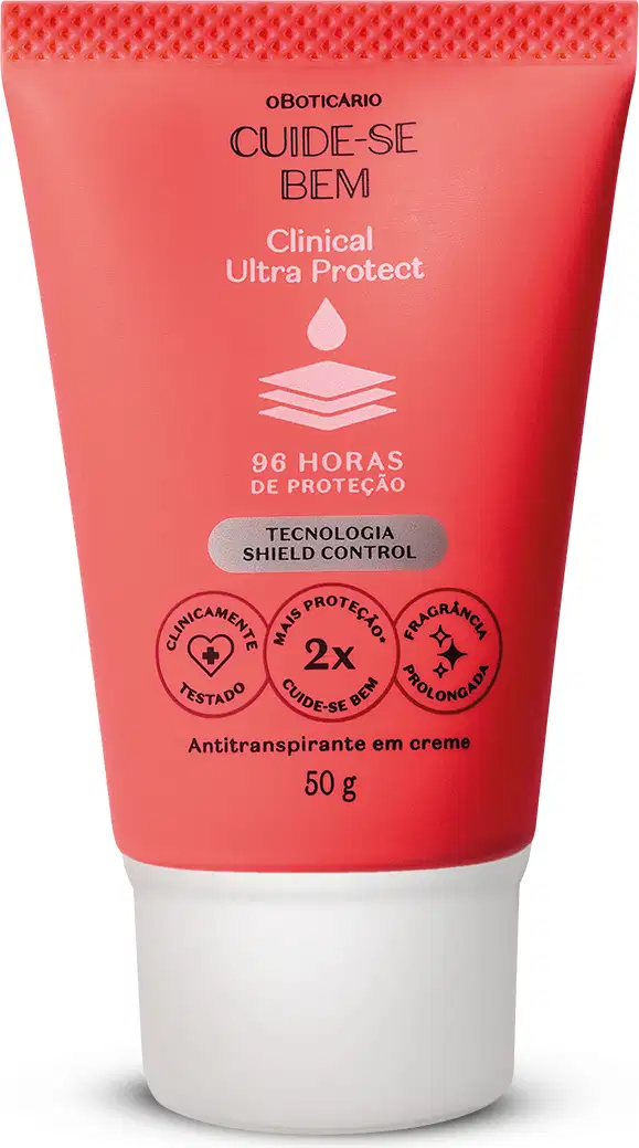 Bisnaga laranja com tampa branca, detalhe azul e letras pretas e brancas, contendo 50g de antitranspirante em creme da marca Cuide-se Bem Clinical Ultra Protect.