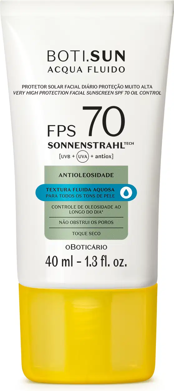 Frasco branco com tampa amarela, letras pretas e detalhes prata e azul, contendo 40ml de protetor solar facial antioleosidade FPS 70 Acqua Fluído da marca Boti.Sun.