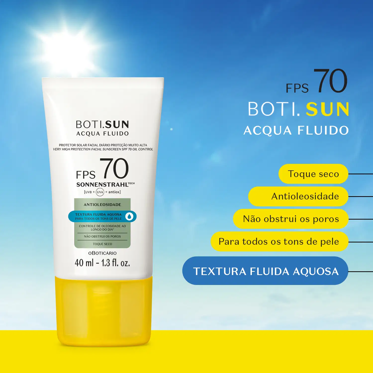 Frasco branco com tampa amarela e letras pretas de protetor solar facial antioleosidade FPS 70 Acqua Fluído da marca Boti.Sun posicionado em superfície amarela sob céu azul com sol brilhante, acompanhado de infográfico com benefícios do produto.