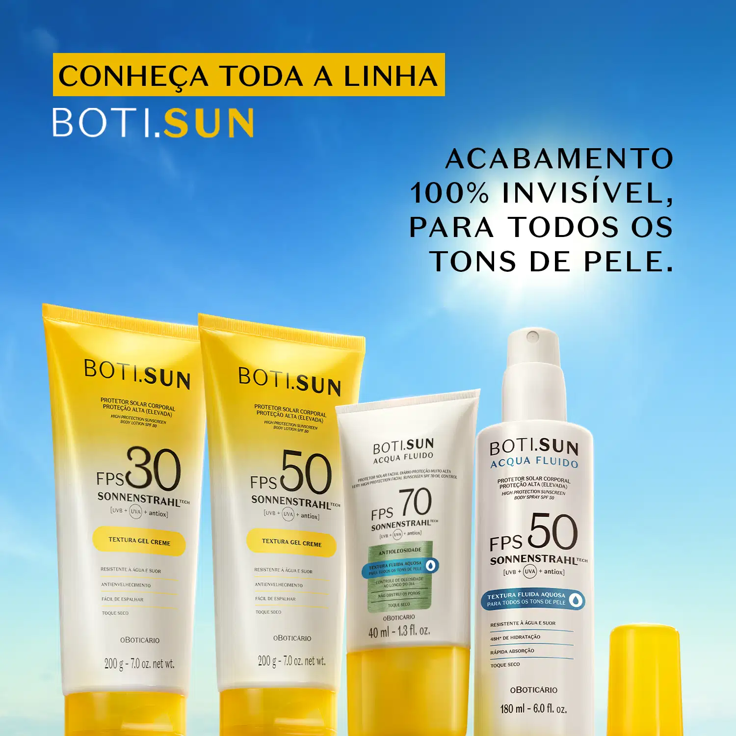 Linha Boti.Sun com quatro produtos de protetor solar em embalagens amarelas e brancas dispostos contra fundo azul com céu, incluindo tubos e frascos com texturas gel creme e fluida.