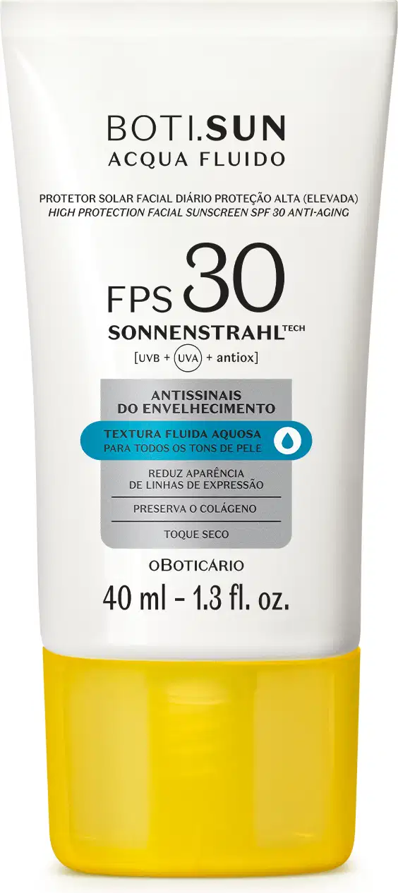 Frasco branco com tampa amarela, letras pretas e detalhes prata e azul, contendo 40ml de protetor solar facial antissinais FPS 30 Acqua Fluído da marca Boti.Sun.