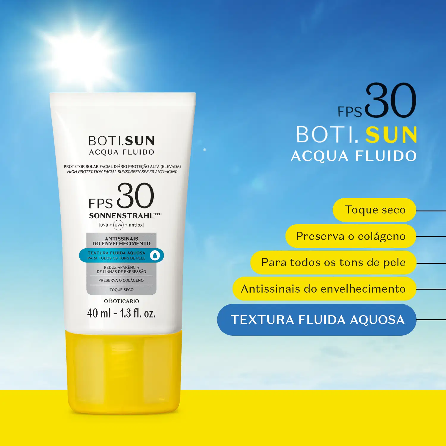 Frasco branco com tampa amarela e letras pretas de protetor solar facial antissinais FPS 30 Acqua Fluído da marca Boti.Sun posicionado em superfície amarela sob céu azul com sol brilhante, acompanhado de infográfico com benefícios do produto.