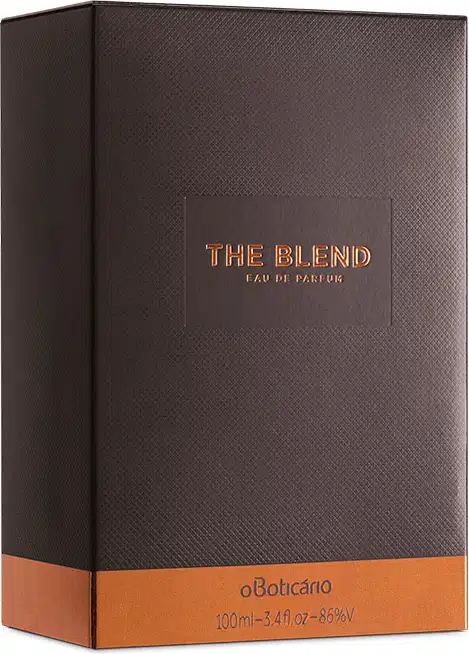 Caixa de Eau de Parfum The Blend 100ml, em embalagem marrom com faixa laranja na base e texto dourado na frente.
