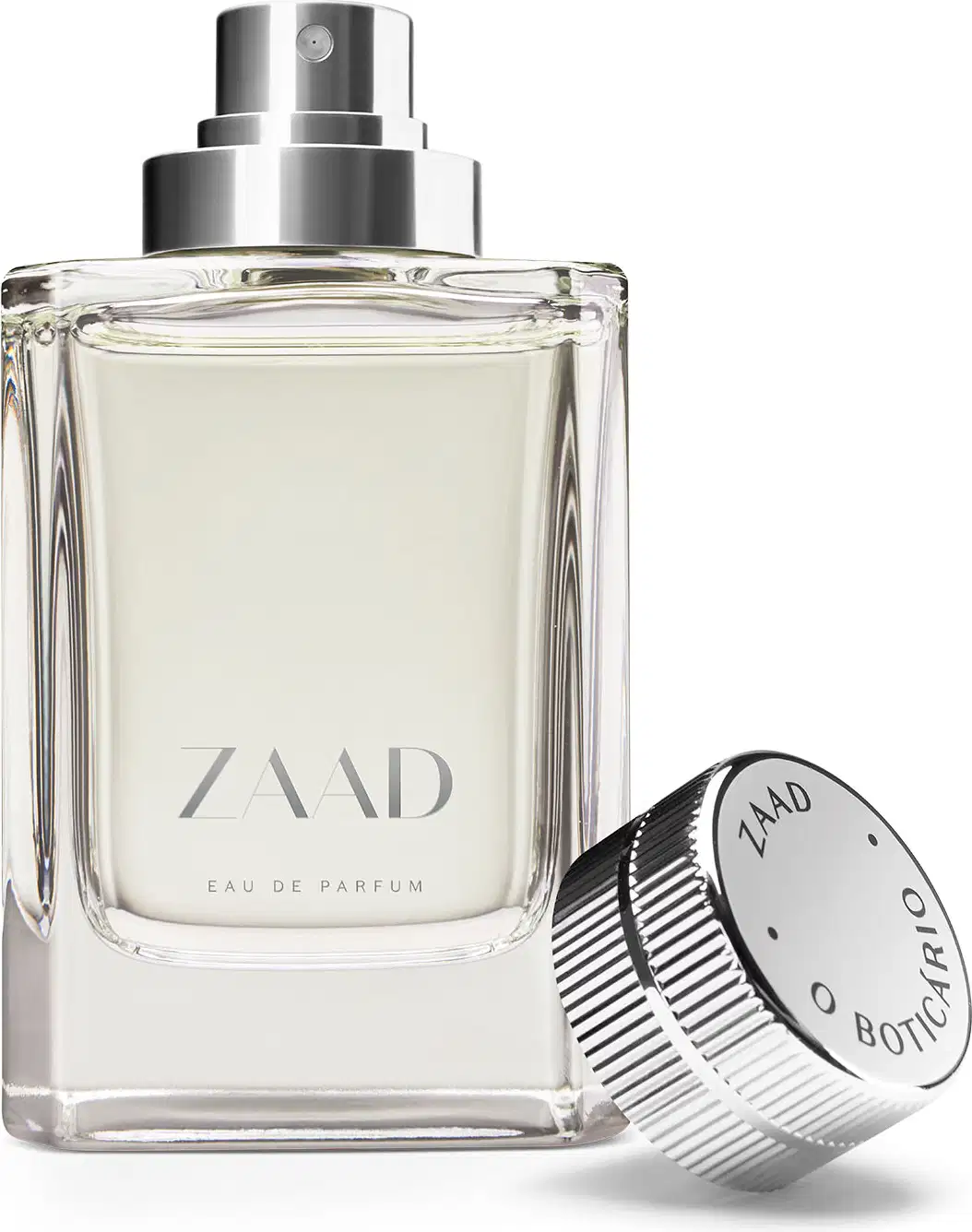 Vidro transparente com líquido cinza e pulverizador prateado e letras cinzas de Eau de Parfum Zaad. A tampa prateada está encostada ao lado da embalagem.