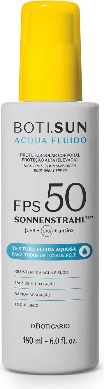 Frasco branco com tampa amarela, letras pretas e detalhe em azul, contendo 180ml de spray protetor solar corporal FPS 50 Acqua Fluído da marca Boti.Sun.