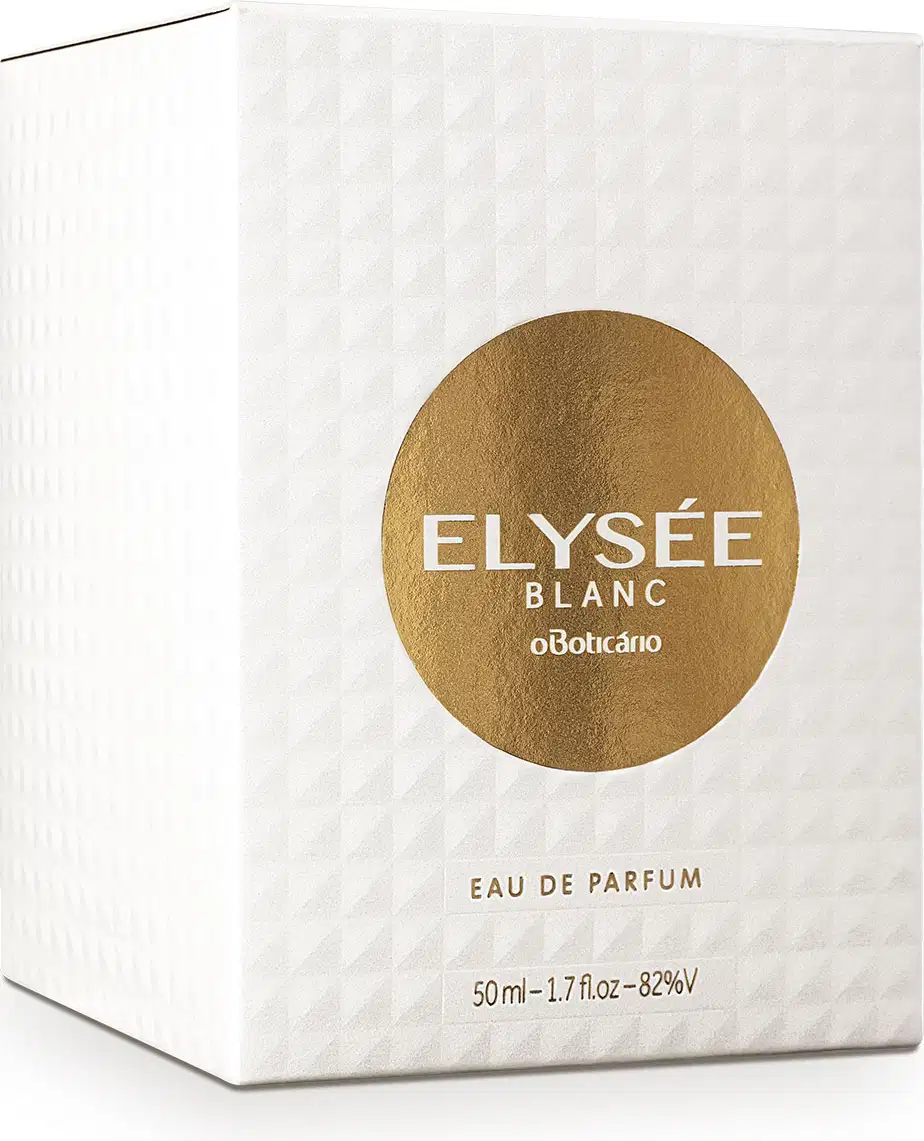 Caixa branca com círculo dourado no centro e letras brancas contendo um vidro de 50ml de Eau de Parfum Elysée Blanc.