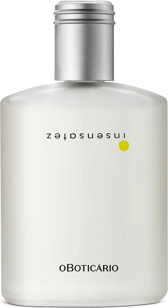 Vidro em formato quadrado transparente fosco com tampa prateada, letras pretas com detalhe laranja, contendo 100ml de desodorante colônia Insensatez.