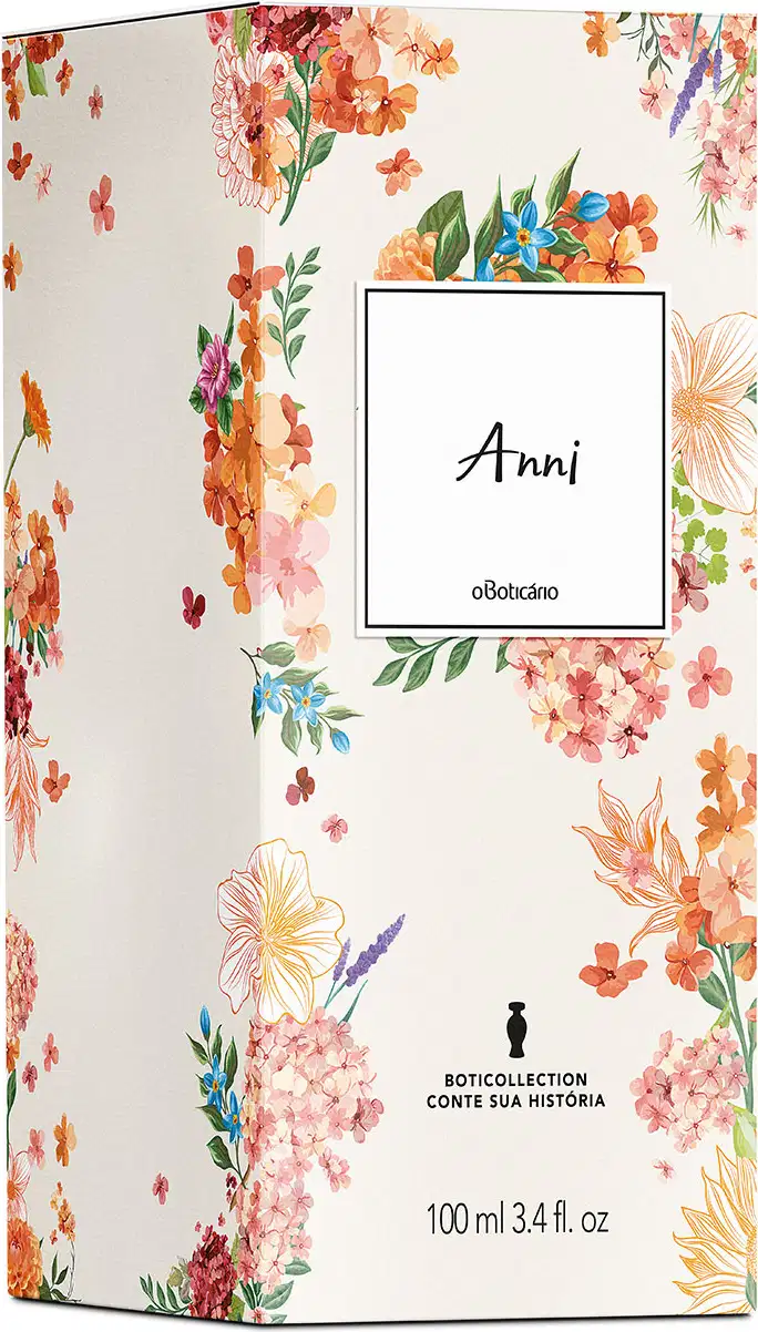 Caixa de desodorante colônia Boticollection Anni de 100ml com embalagem branca estampada com flores coloridas em tons de rosa, laranja, amarelo e verde, rótulo central branco com nome do produto em letras cursivas.